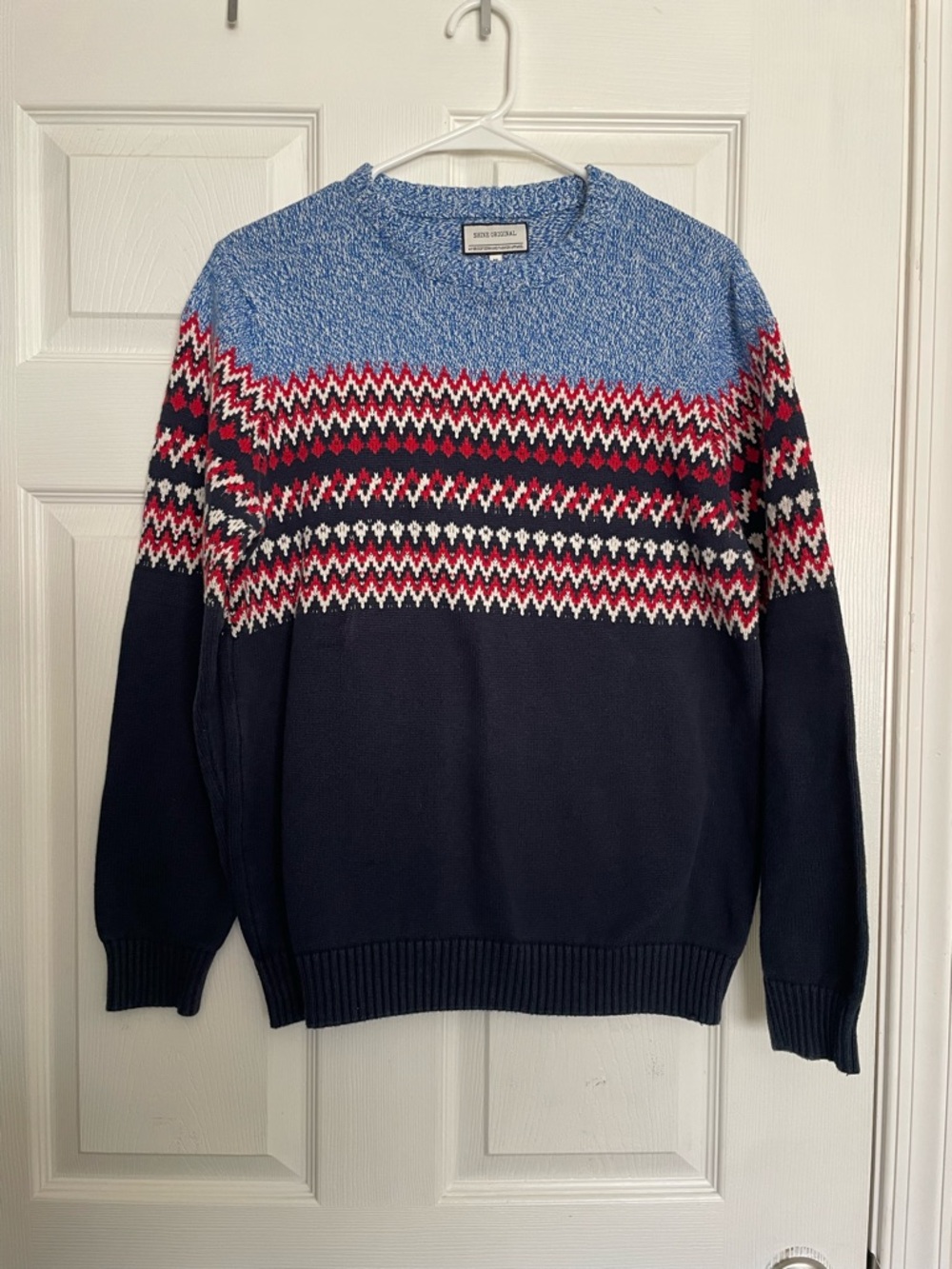 Shine Original Women’s Size M Navy Fair Isle Crewneck Sweater - Blue/Navy/Red